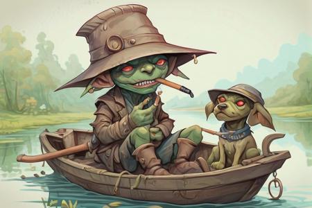 00143-2353821207-cartoon style image of a cute old path_goblin fisherman, big eyes, wearing a high hat, smoking on a pipe, fishing on a ragged bo.png